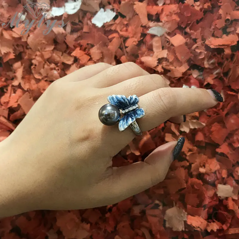 Mytys новый дизайн ручной работы синяя художественная Бабочка с жемчугом кольца