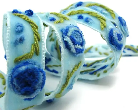 3 Colors|Yarn Flowers Embroidered on Light Blue Velvet Ribbon|Sewing|Quilting|Craft Supplies|Hair Accessories | Дом и сад