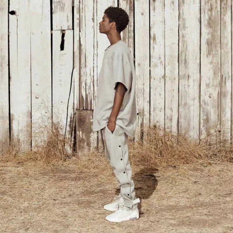 

Side Snap Sweatpants Hip hop Kanye West Long Cords Jogger Pants Loose Fit Terry Cotton Trousers