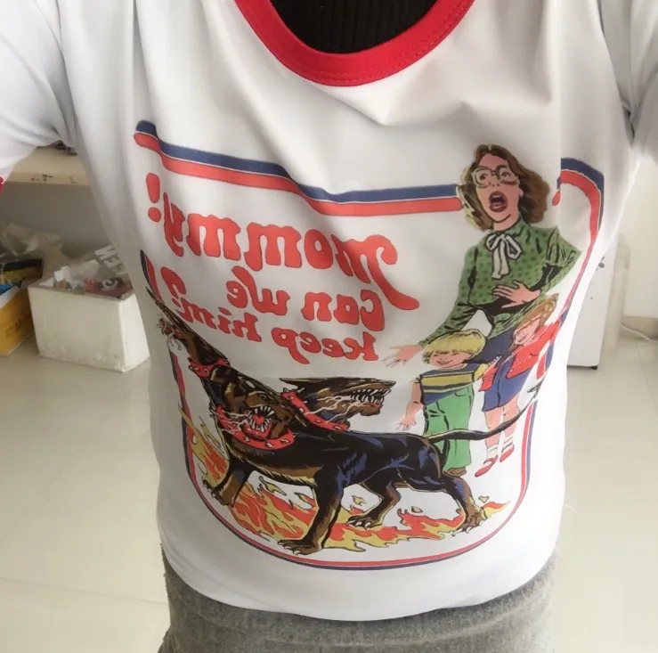 Hahayule Mommy Can We Keep Him 80 s Винтажная футболка с звонком хипстеры гранж сатанин забавная футболка ностальгия ужас футболка с иллюстрацией