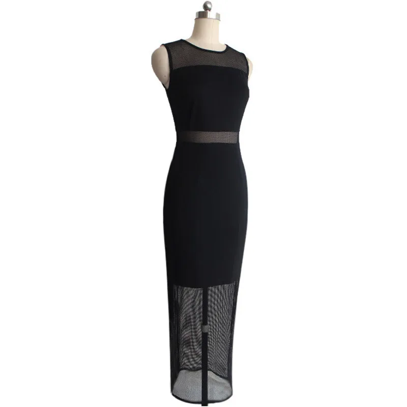 VfEmage Womens Summer Style See Through Mesh Patchwork Sleeveless Party Evening Clubwear Bodycon Fitted Stretch Long Dress 727 | Женская