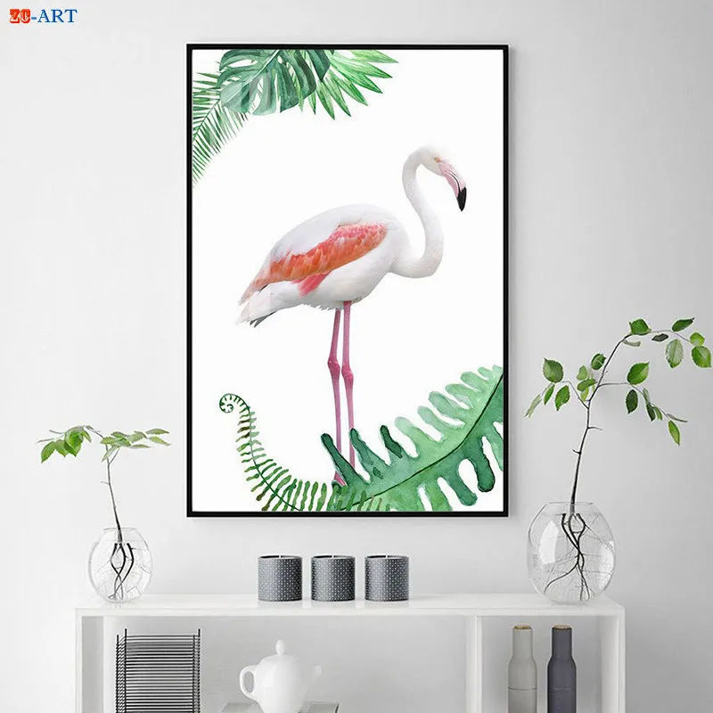 Тропическая Картина на холсте зеленые листья принт фламинго постер современное
