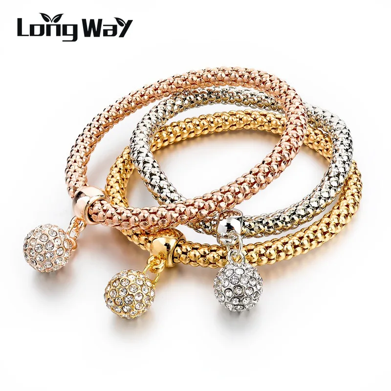 

LongWay Jewellery Gold Color Bracelets For Women Vintage Crystal Ball Pendant Charm Bangles Silver Color Elastic Chain SBR150181