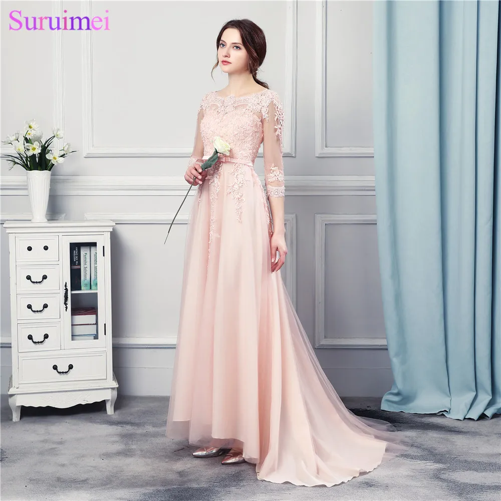 

Sexy Bridesmaid Dresses Vestido De Festa De Casamento Sheer Lace Applique Blush Pink Long Bridesmaid Dresses