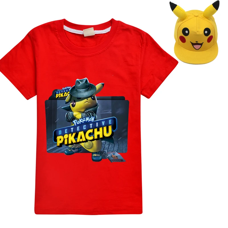 Хлопковая футболка с покемонами для больших мальчиков + Кепка лета Детская 3D