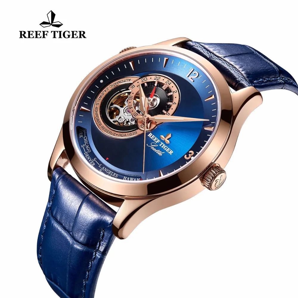 Повседневные водонепроницаемые часы Reef Tiger/RT цвета розового золота с синим