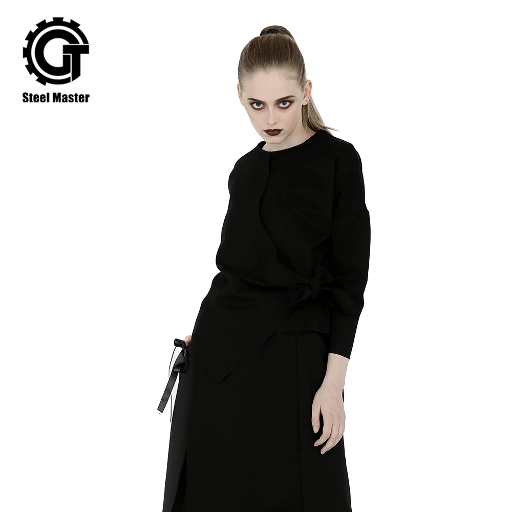 

2019 Punk Harajuku Style Autumn And Winter Women's Stitching Long-sleeved T-shirt Irregular Round Neck Loose Tie Shirt