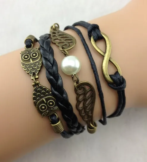 3pcs Bracelet-Infinity Wings &amp Owls Charm Bracelet-bronze Wax Cords and Leather Braided Bracelet-friendship bracelet b122 | Украшения и