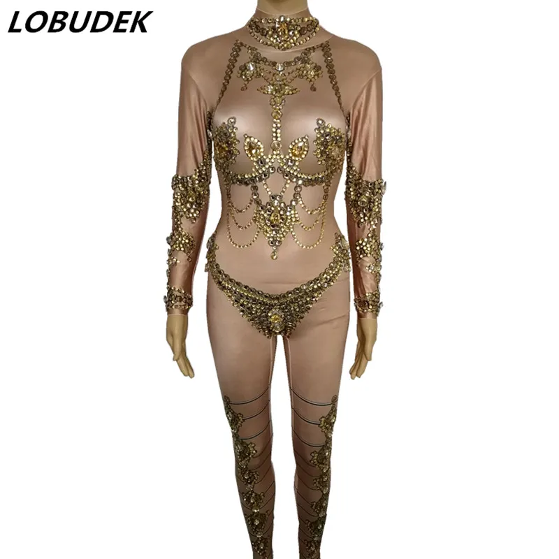 Sexy 3D Printing Gold Rhinestones Jumpsuit Nightclub Bar DJ Female Singer Stage Performance Outfit Pole Dancing Show Costume