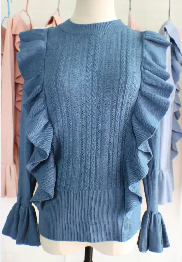Dark Blue Женские мягкие гофрированные свитера Топы с расклешенными рукавами однотонные вязаные женские Свитер в стиле кэжуал пуловеры - Цвет: Dark Blue