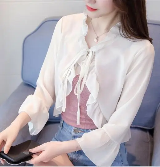 

Женская шифоновая блузка Carol Diaries, белая, абрикосовая и розовая блузка с расклешенными рукавами и воланом, три цвета