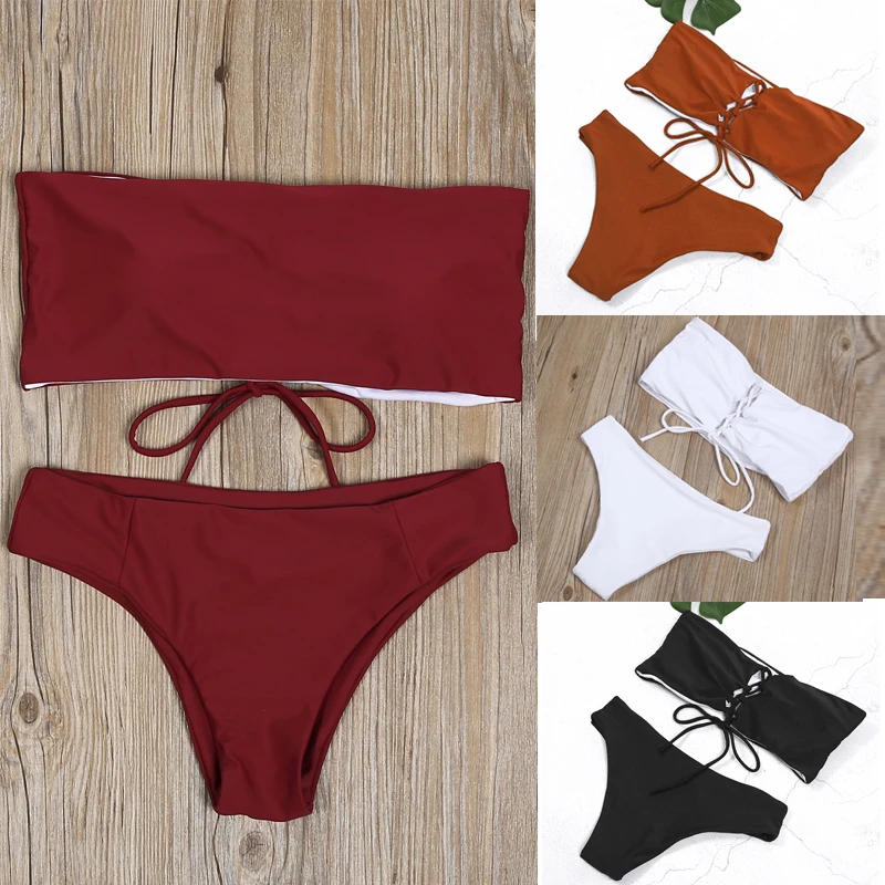 

Bandage Bikini Set Women Strapless Plain Summer Swimwear Bikini Set Push-up Bra Bathing Suit Swimsuit Lace Up Low Waist