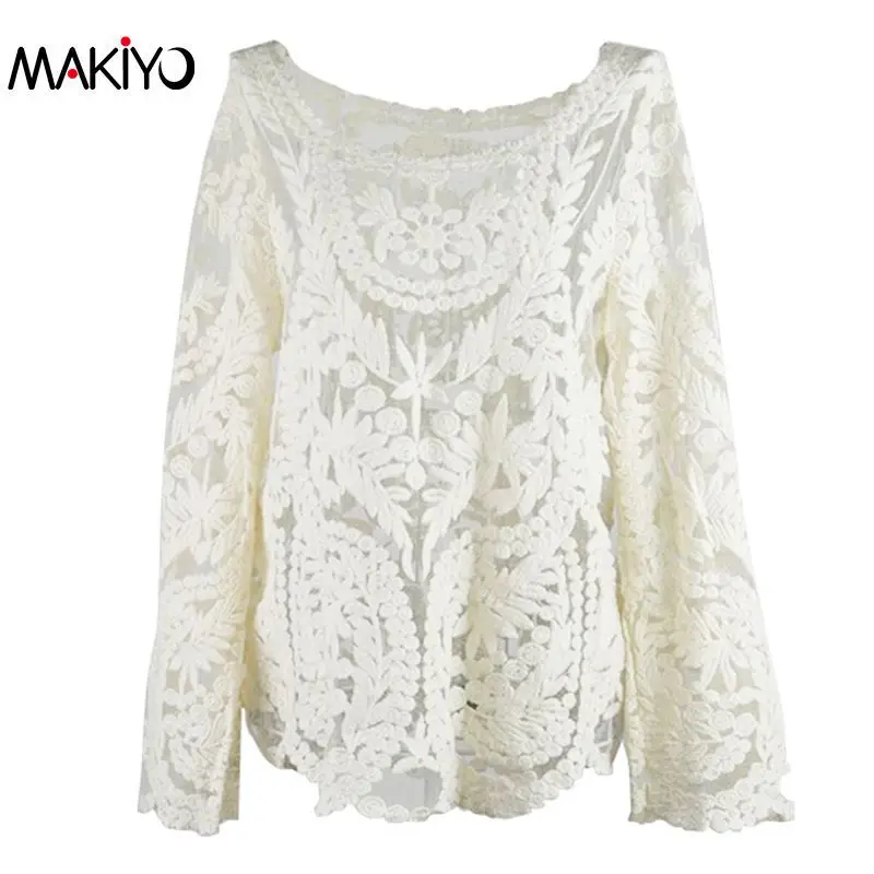 Бежевый Blusas Femininas, женская сексуальная Кружевная блуза с длинным рукавом, топы, модные Ажурные вязаные топы - Цвет: Бежевый