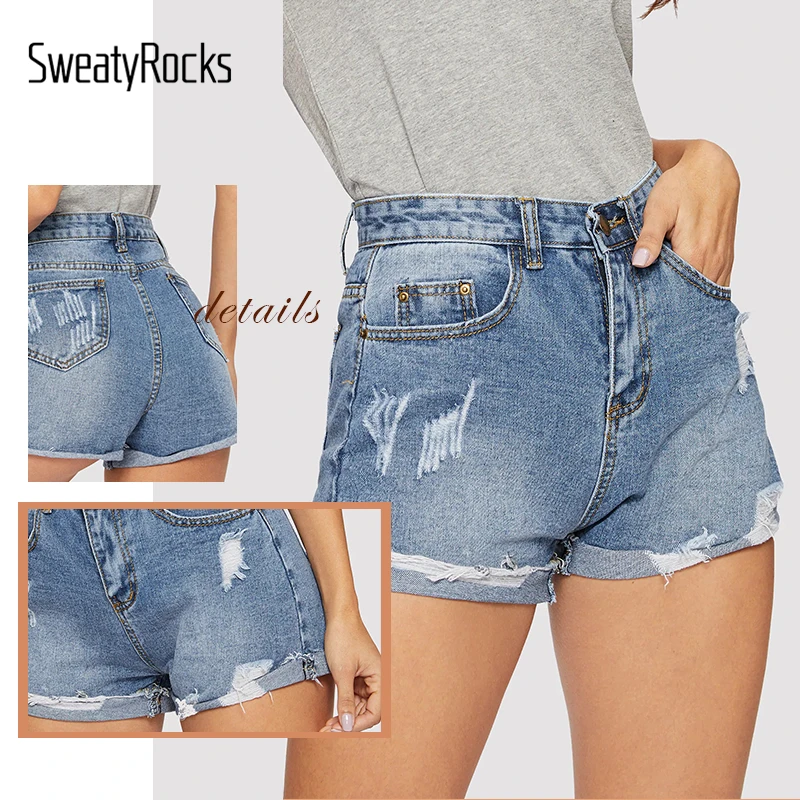 SweatyRocks рваные джинсовые шорты с отворотами по краям, женские уличные повседневные синие шорты, модные летние однотонные шорты на пуговицах