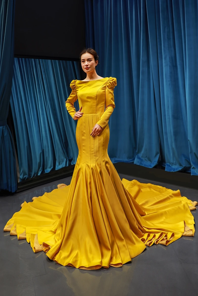Женское платье-Русалочка желтое вечернее платье с длинным рукавом 2019 | Свадьбы и