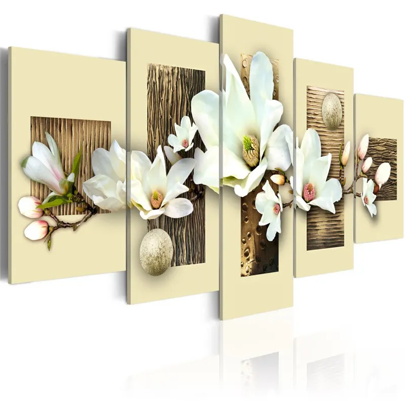 Q8797 Modular Painting Home Decor Living Room 5 Pieces Flowers Orchids Pictures Prints Elegant Magnolia Canvas Poster Wall Art Framed - Color: Q8797