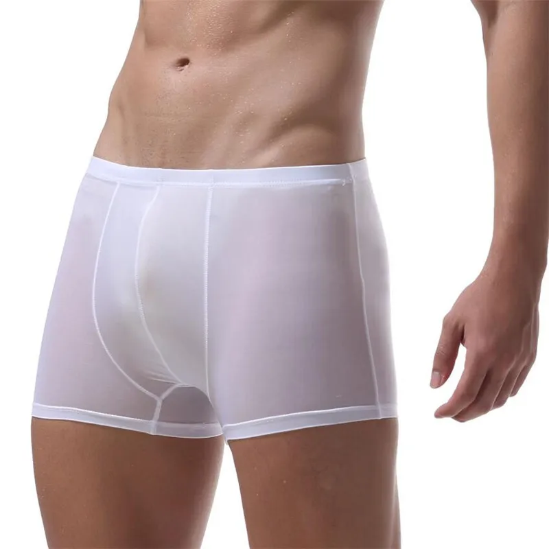 

New silk slippery men's plain ice sexy underwear transparent elastic men's big boxers short