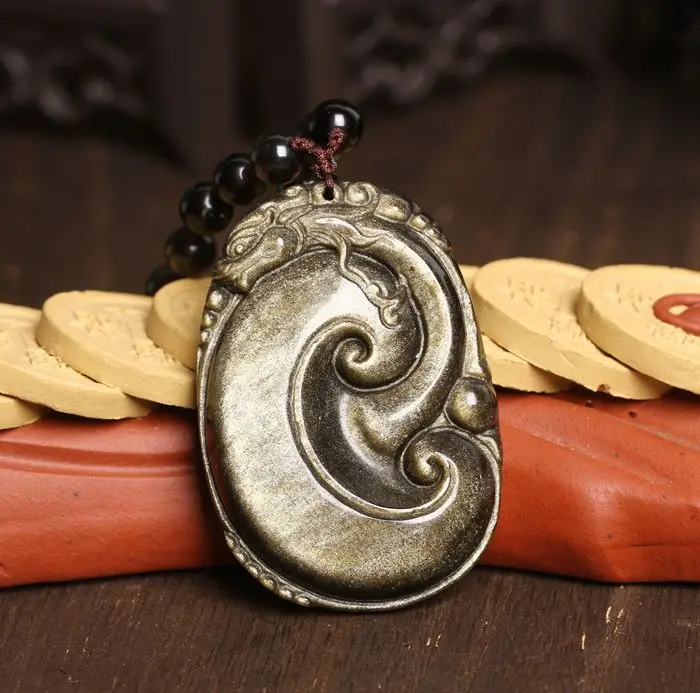 48x32mm Beautiful Natural Gold Obsidian Hand Carved Handmade Dragon RuYi Lucky Pendant + free Beads Necklace Fine Jewelry | Украшения и