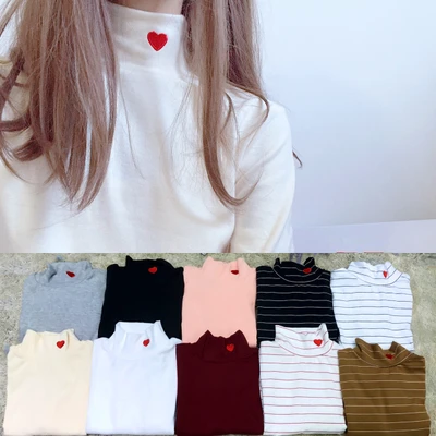 Осенняя Корейская Для женщин Любовь Вышивка's Длинные рукава стенд воротник