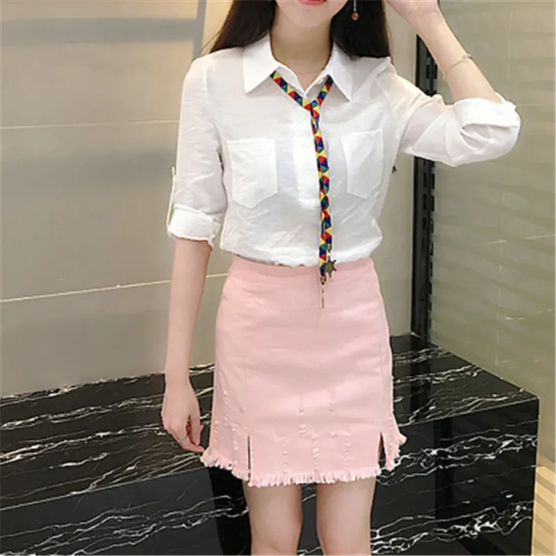 Women Long Sleeve Shirt Crop Top and Denim Skirt Two Piece Clothing Set 2020 Spring Summer New Fashion Dress Femme Work XT008 | Женская