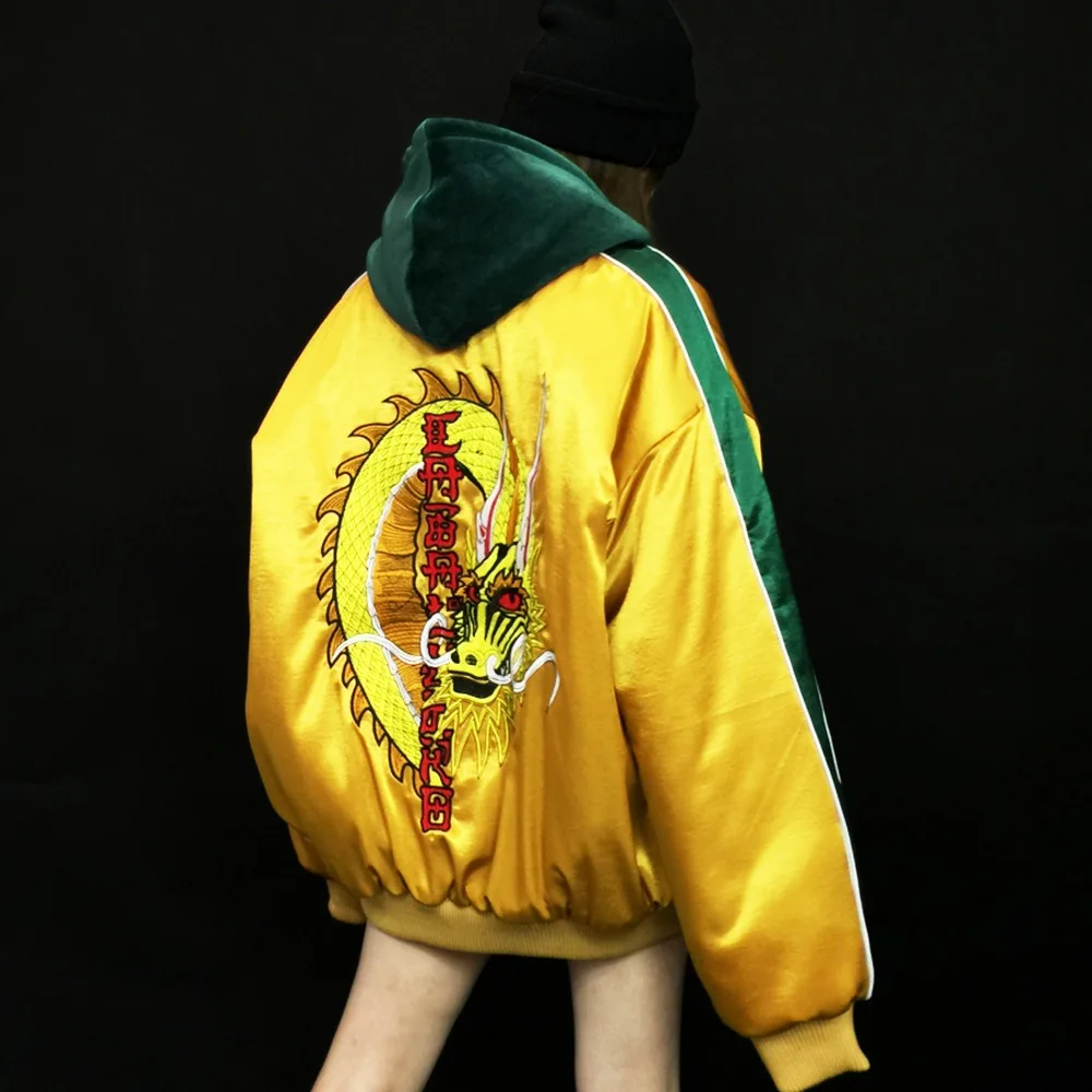 Модная уличная шелковая стеганая куртка оверсайз с вышивкой хип-хоп | Женская