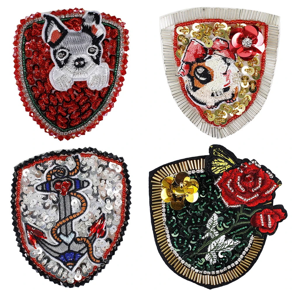 10 шт. Украшенные бусинами блестками собаками змеями розами тканевые нашивки с