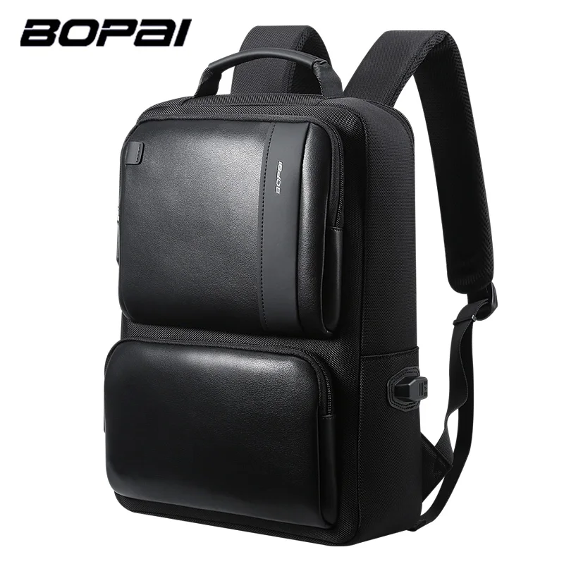 BOPAI рюкзак для ноутбука с USB внешним зарядным портом для 15,6 дюймового ноутбука, Мужская Противоугонная Водонепроницаемая дорожная сумка большой емкости - Цвет: Black