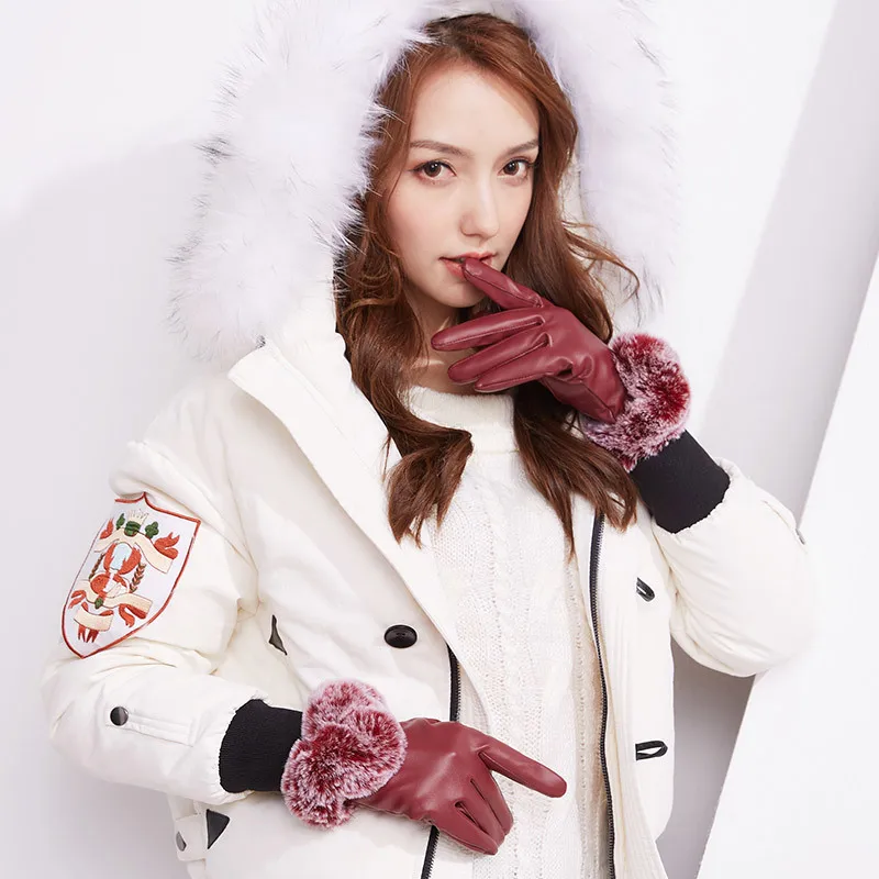 

Lady Pu Leather Gloves Female Winter Touch Screen Mittens Students Plus Velvet Warm Cute Luva Rabbit Fur Wind-proof Luva B-8492