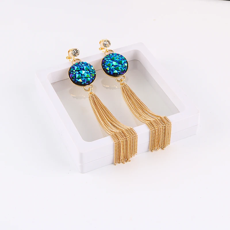 Длинные серьги клипсы Золотой цветной Maxi свисающие для женщин с искусственными