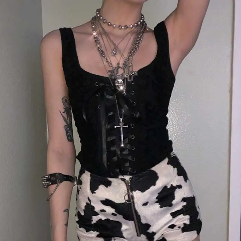 Женский топ на бретельках в готическом стиле черный облегающий Топ без рукавов
