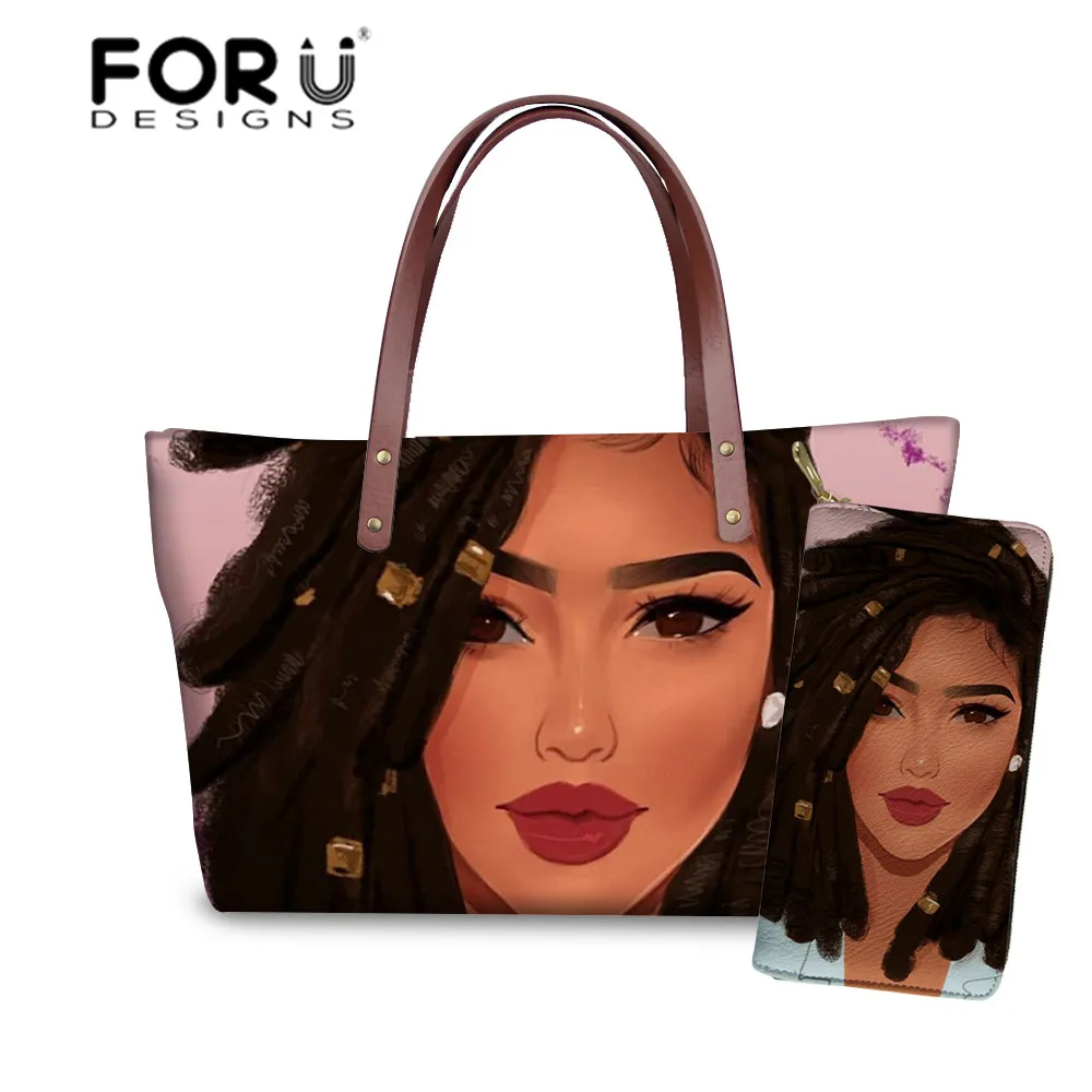 

FORUDESIGNS 2 шт./компл. черные женские сумки и кошельки с принтом в африканском стиле для девушек, Женская дорожная пляжная сумка для женщин, сумк...