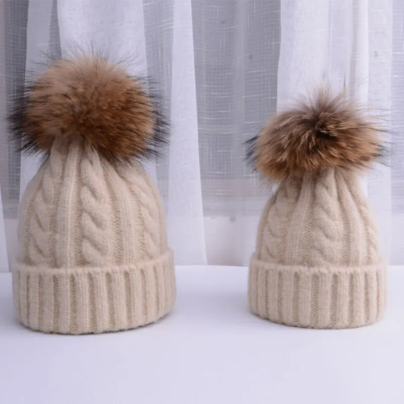 Зимняя шапка Skullies шапочки Шапки зимние шапочки для Для женщин для мамы и для маленьких мальчиков девочек Детское хлопковое вечернее платье в горошек, 15F шляпа помпонами шляпа 2 шт - Цвет: beige mother kids