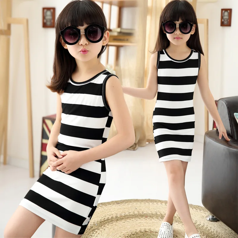 Girls Black and White Striped Dress 2020 Summer Cotton Sundresses Fashion Children Clothing Kids Vest Dresses for Teenage | Детская