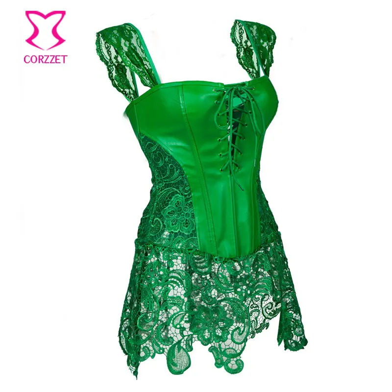 Женское платье с корсетом в стиле панк зеленое кружевное цветочным принтом и
