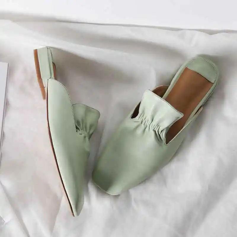 

Krazing Pot genuine leather brand shoes square toe low heel outside slippers jelly green color ruffles preppy style mules l60