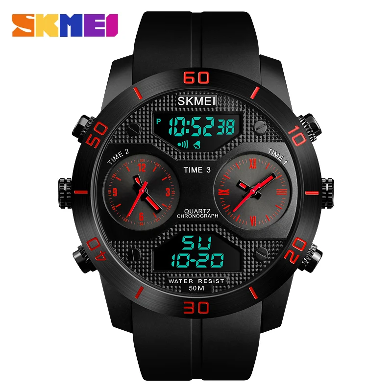 Red Watch SKMEI Спорт на открытом воздухе Для мужчин часы 50 м Водонепроницаемый световой электронный Нержавеющая сталь двойной Дисплей часы Relogio Masculino - Цвет: Red Watch