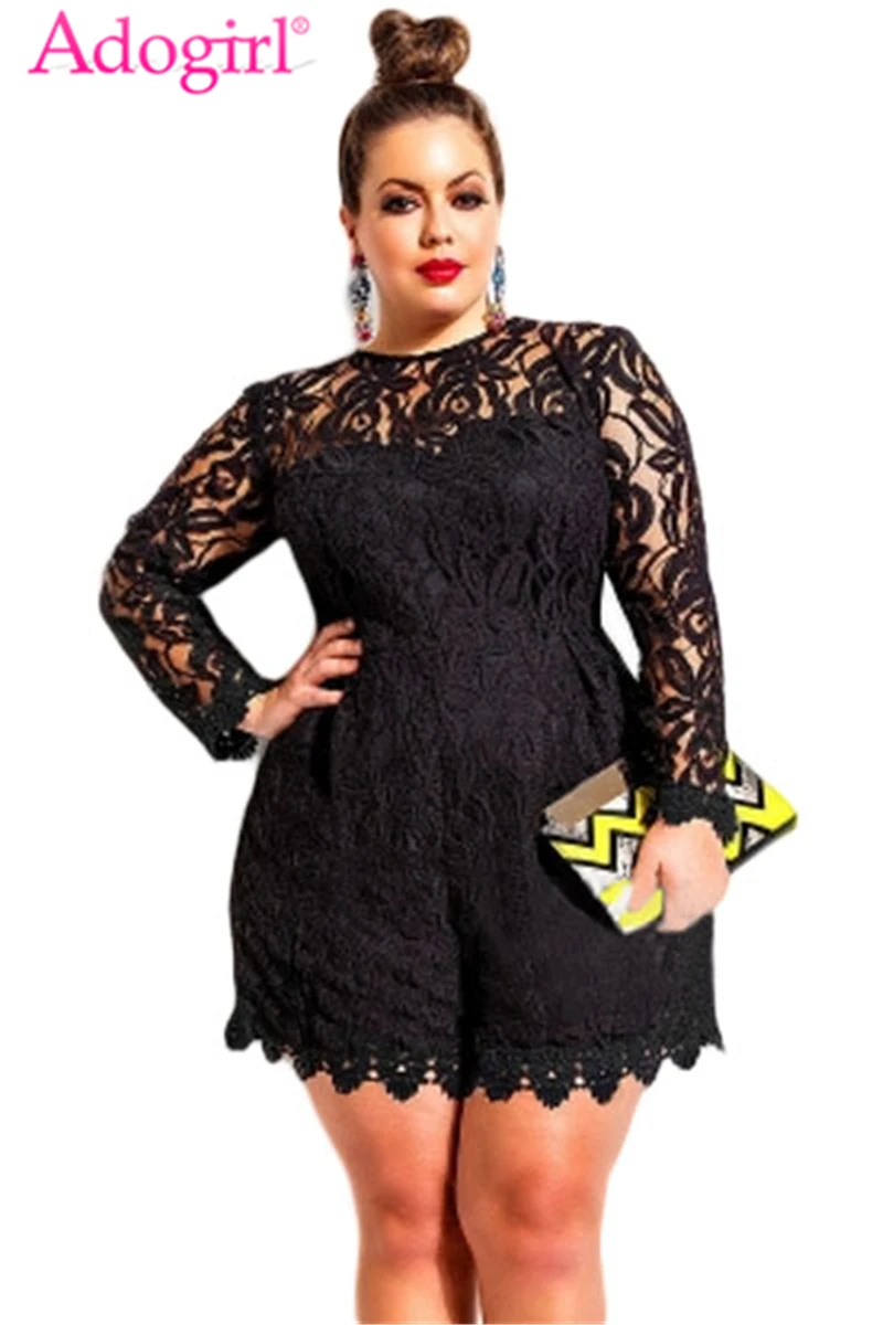 Adogirl, для размера плюс L-6XL, женский кружевной комбинезон, Одноцветный, с выемкой, с длинным рукавом, комбинезоны, сексуальные шорты, для подвижных игр, для девушек, Клубная одежда, боди