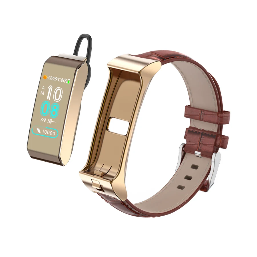 Leather Gold Умный браслет Bluetooth наушники гарнитура пульсометр кровяное давление фитнес-браслет несколько видов спорта смарт-браслет часы телефон - Цвет: Leather Gold