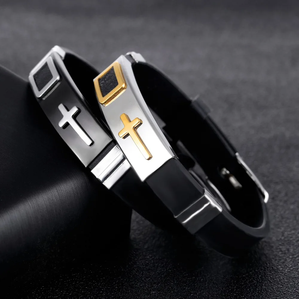 Fashion Punk Cross Silicone Bracelet For Men Stainless Steel Black/ Gold Color Male Jewelry Adjustable Wristbands | Украшения и