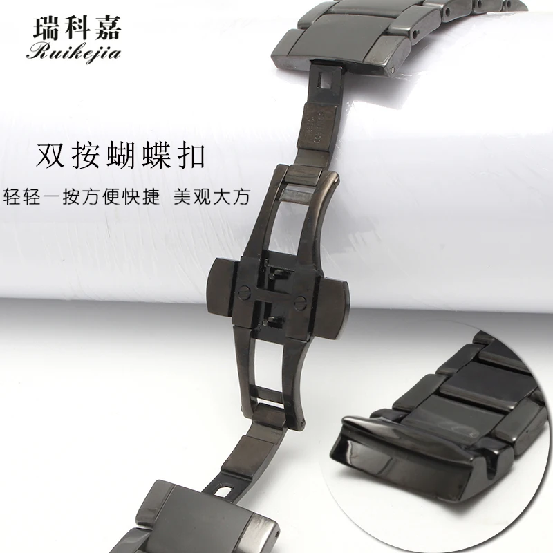 Black Shine Ceramic Strap for AR1451 Ceramic Watch with Men's 24MM Scrub Wristband Butterfly Buckle Waterproof Sports Watch Chai