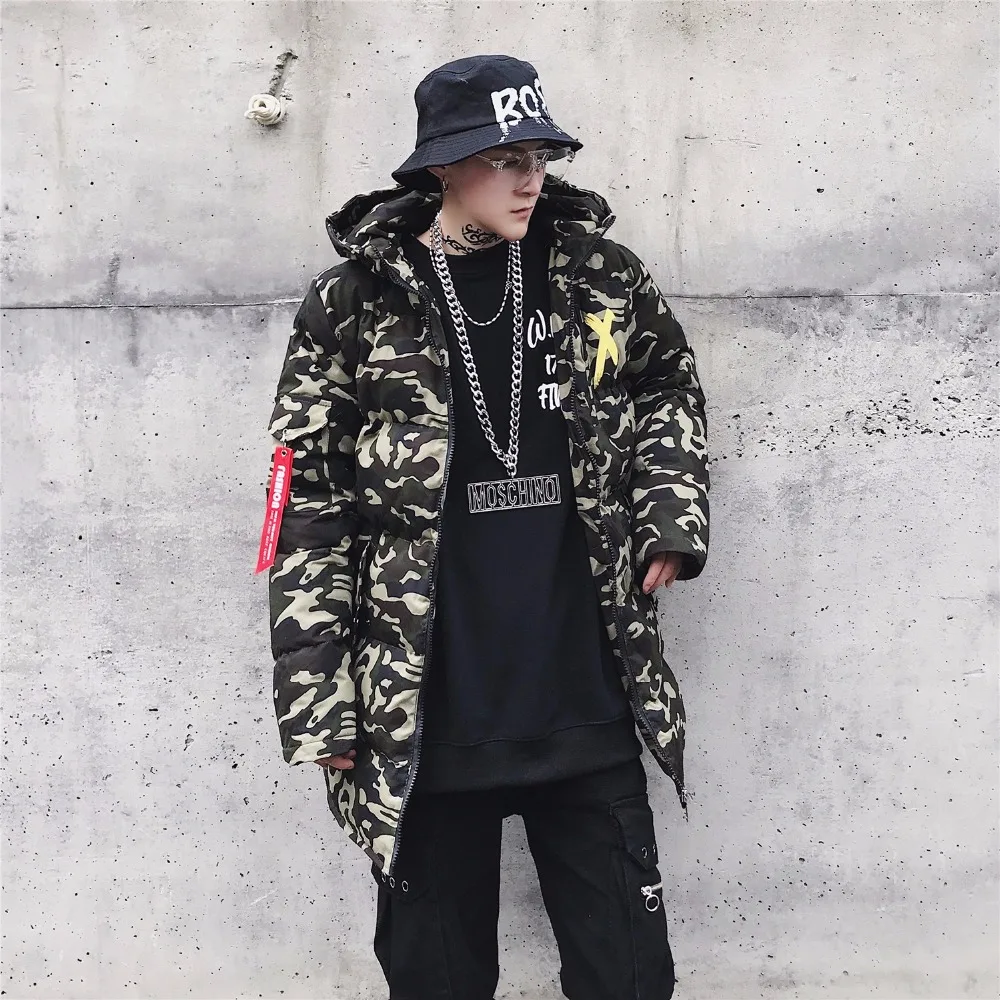 Теплая куртка Для мужчин длинные камуфляжная хип хоп Camo толстые куртки пальто