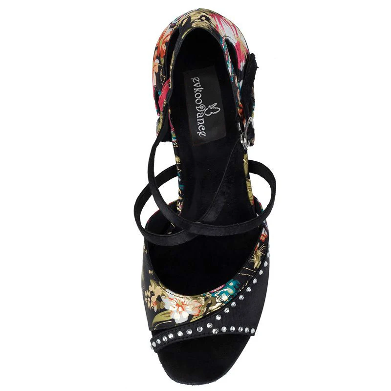 Женские атласные туфли для латинских танцев с цветами и стразами размеры США 4-12