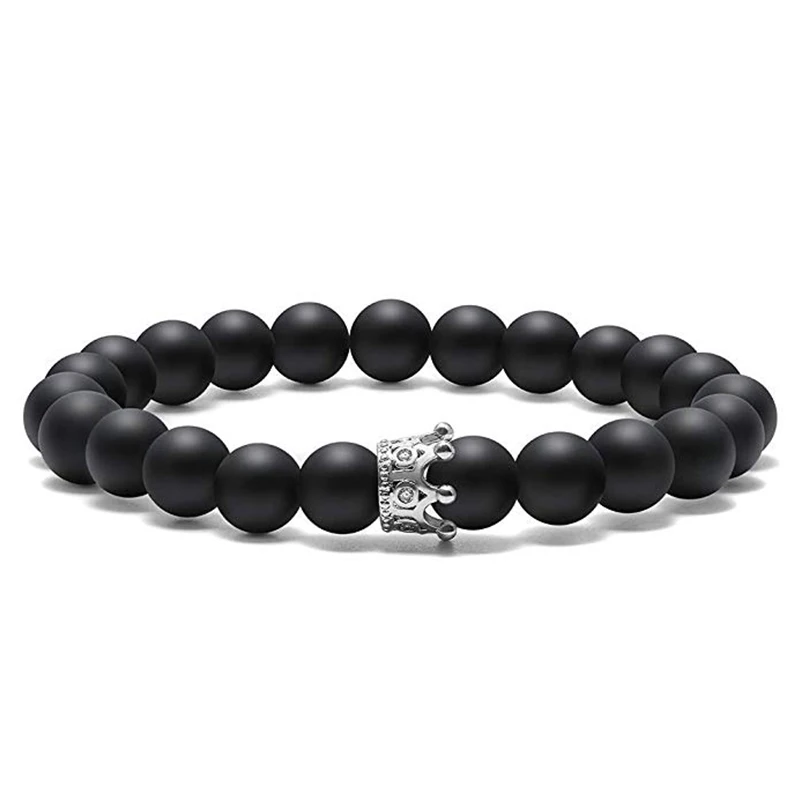 HIYONG король и королева Корона расстояние Пара Браслеты матовые Агаты Белый Howlite CZ Корона 8 мм бусины браслет натуральный камень ювелирные изделия - Окраска металла: Светло-желтый, золотистый цвет