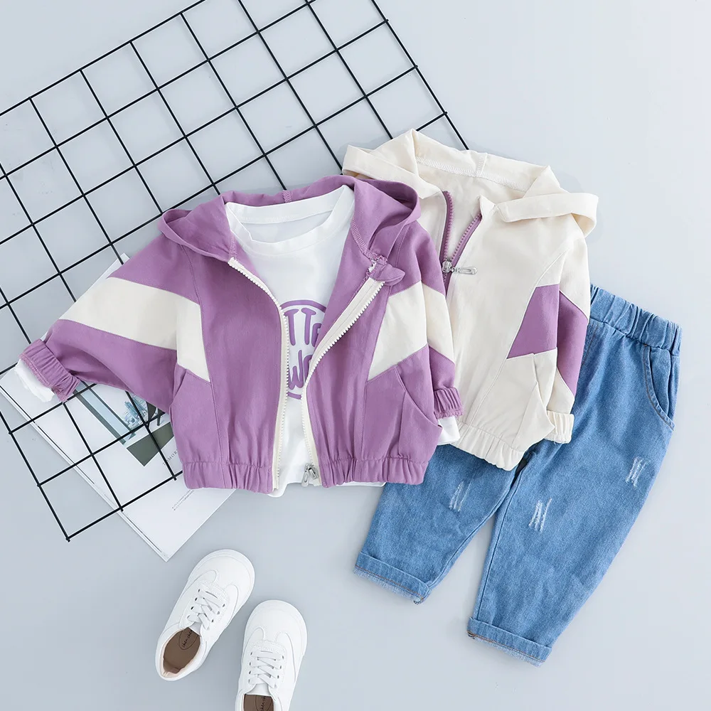 Autumn infant boys girls fashion 3pcs clothes sets cotton letters printed long sleeve T shirt + denim pants hooded jackets |
