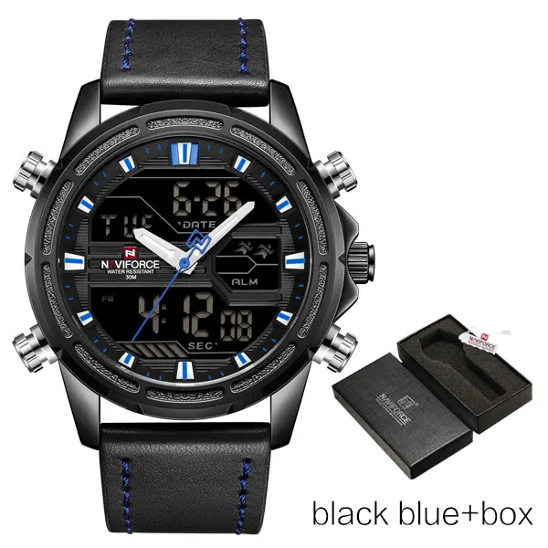 blackbluebox NAVIFORCE Мужские часы от бренда класса люкс мужские кожаные спортивные часы мужские кварцевые светодиодный цифровые часы водонепроницаемые военные наручные часы - Цвет: blackbluebox