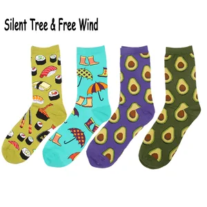 Японские Женские милые носки до колена Acocado с фруктами и едой, женские забавные хлопковые носки с сакэ, суши, яйцами, хотдогом, лососем, зонтиком