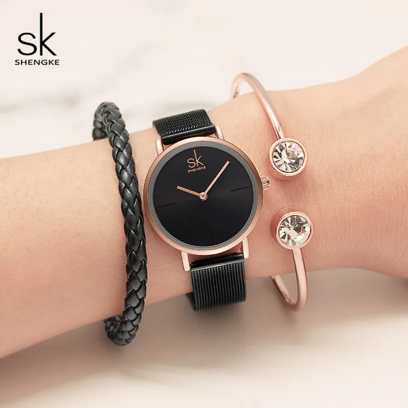 Black bracelet watch Shengke часы из нержавеющей стали для женщин Лидирующий бренд Роскошные Кварцевые женские черные часы Reloj Mujer SK подарок на день женщин# K0043 - Цвет: Black bracelet watch