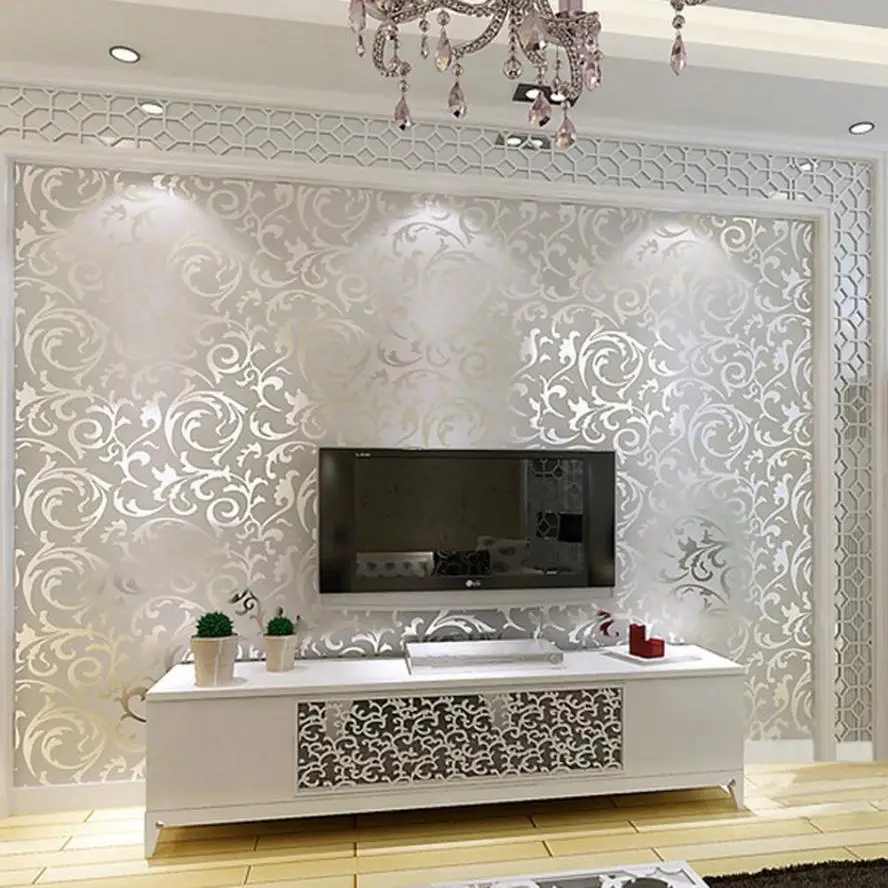 Silver Домашний декор 1x10 м роскошные серебряные 3D Дамасские тисненые обои рулоны домашний художественный Декор Настенная Наклейка домашний деко зеркало JU26 - Цвет: Silver