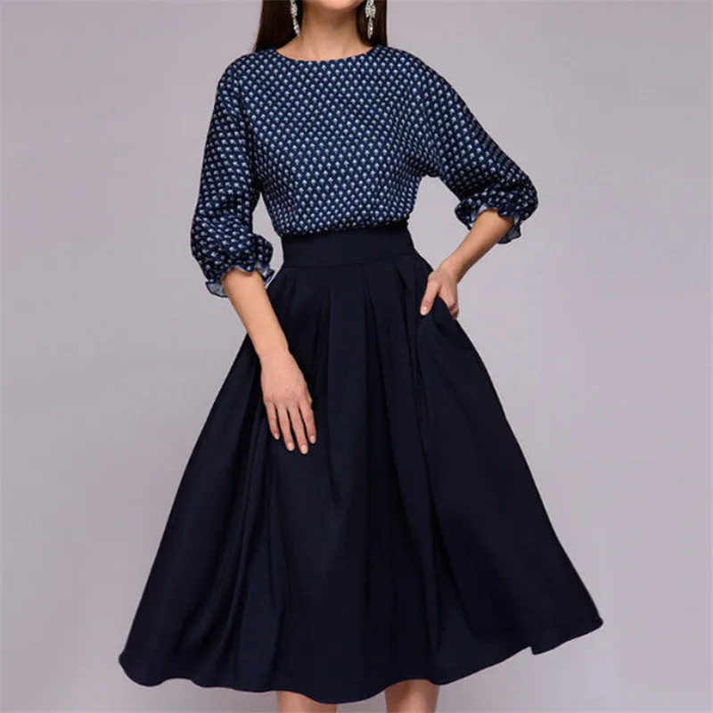 Женское винтажное платье качели с рукавом 3/4 повседневное и вечернее принтом в