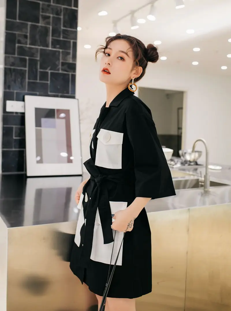 WHITNEY WANG 2019 Summer Fashion Streetwear Colors Contrast Pockets Big Buttons Sashes Shirt Dress Women Casual | Женская одежда